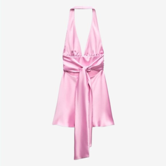 Zara Pink Satin Halter Mini Dress L Bow Waist A-Line Cocktail Party - Picture 3 of 16